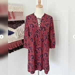Madewell Dress womens XXS Lace-Up 100% Silk Floral Print Silk Dress Red/Navy